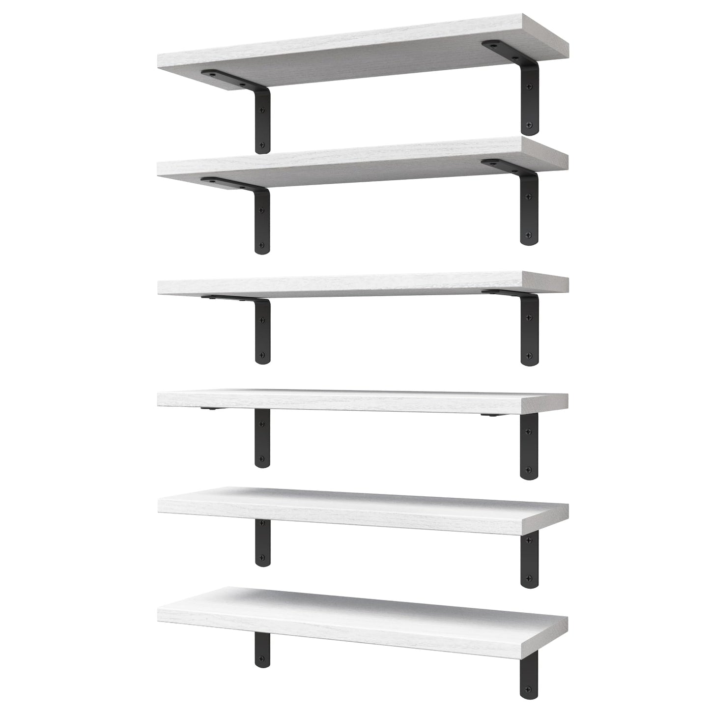 WOPITUES Wood Floating Shelves Set of 6, Shelves for Wall Decor, Farmhouse Shelf for Bedroom, Bathroom Storage Shelves, Book Shelves for Living Room-Black