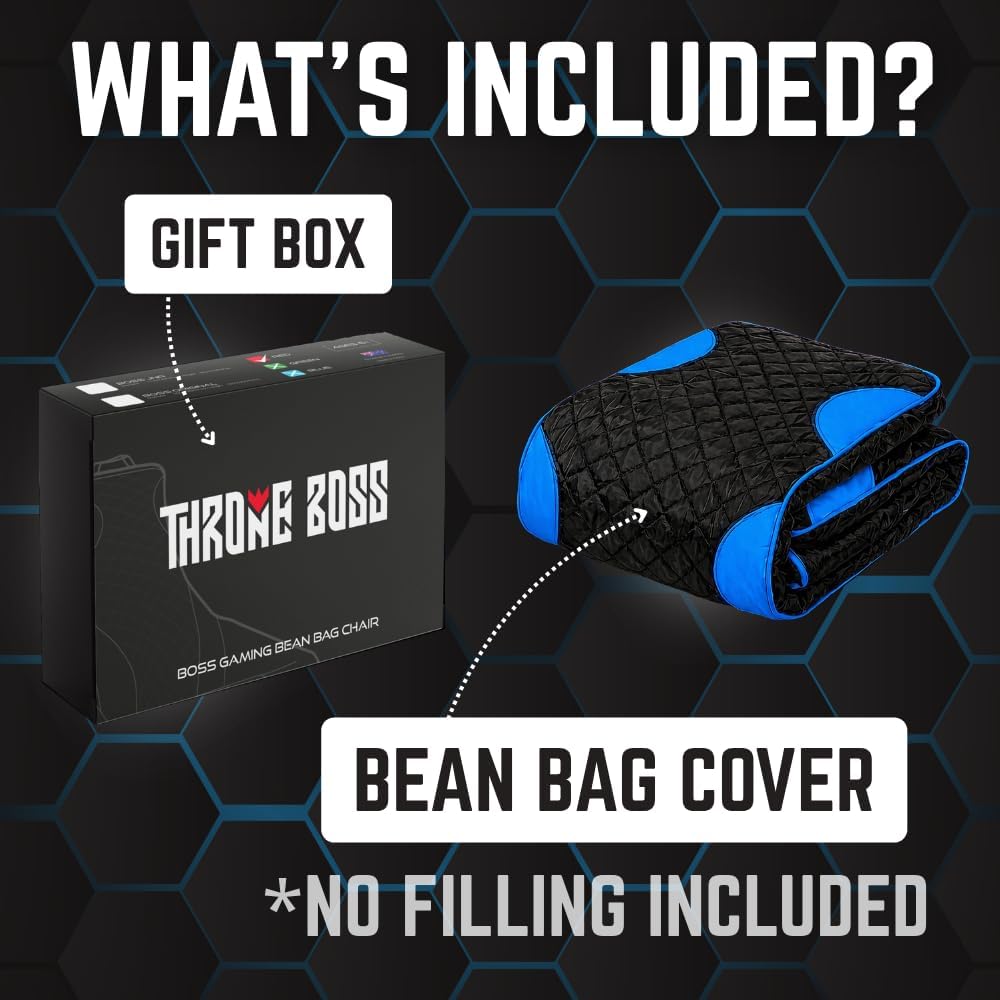 Throne Boss Gaming Bean Bag Chair Cover for Kids with High Back, Blue – Gamer Chair for Kids with 2 x Large Side Pockets, Headphone Hanger, Easy to Clean Fabric, Requires 200 Liters Polystyrene Beans