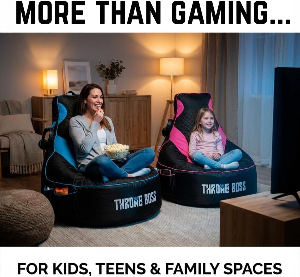 Throne Boss Gaming Bean Bag Chair Cover for Kids with High Back, Blue – Gamer Chair for Kids with 2 x Large Side Pockets, Headphone Hanger, Easy to Clean Fabric, Requires 200 Liters Polystyrene Beans