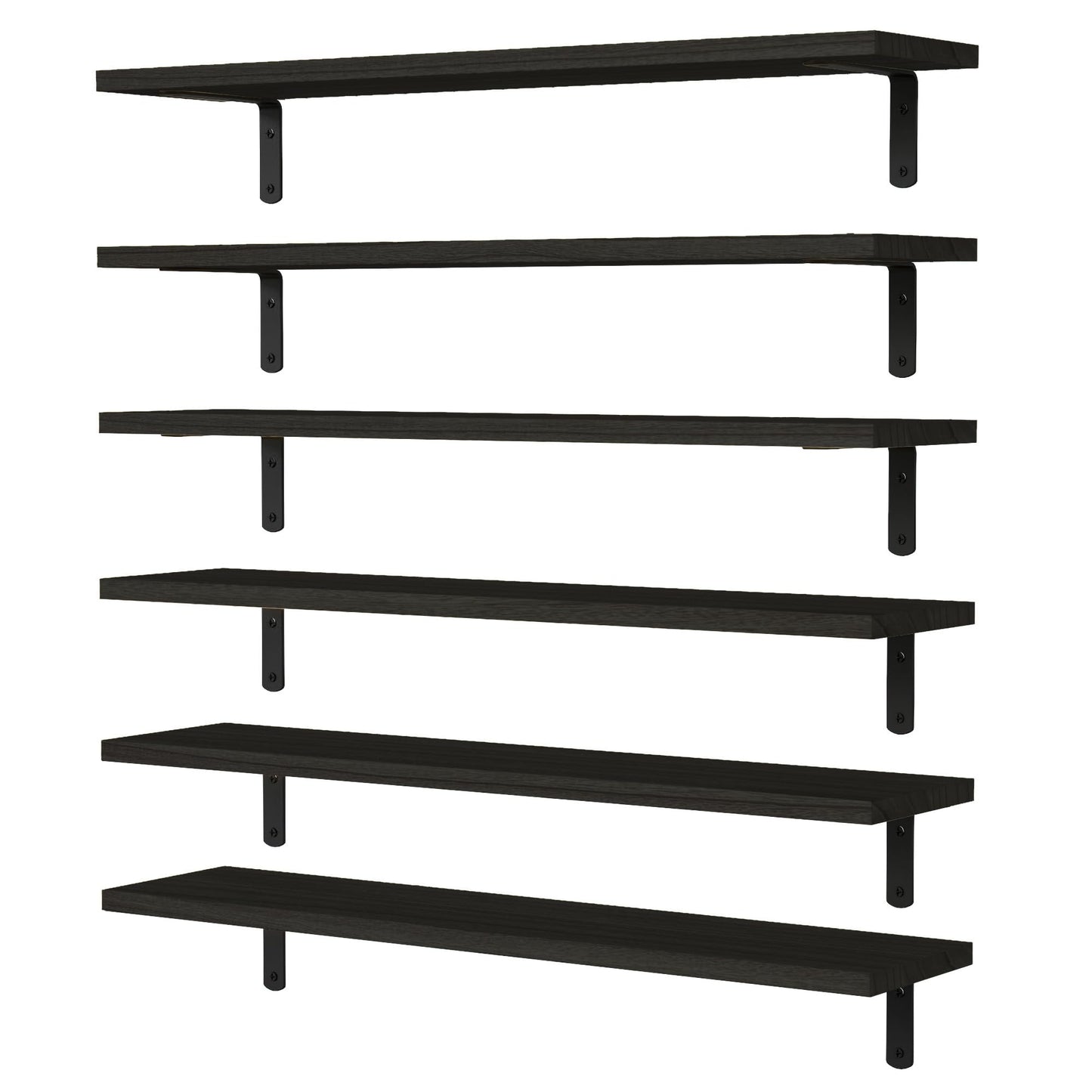 WOPITUES Wood Floating Shelves Set of 6, Shelves for Wall Decor, Farmhouse Shelf for Bedroom, Bathroom Storage Shelves, Book Shelves for Living Room-Black