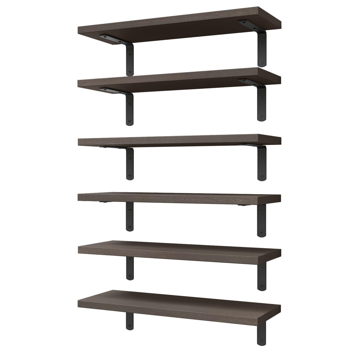 WOPITUES Wood Floating Shelves Set of 6, Shelves for Wall Decor, Farmhouse Shelf for Bedroom, Bathroom Storage Shelves, Book Shelves for Living Room-Black