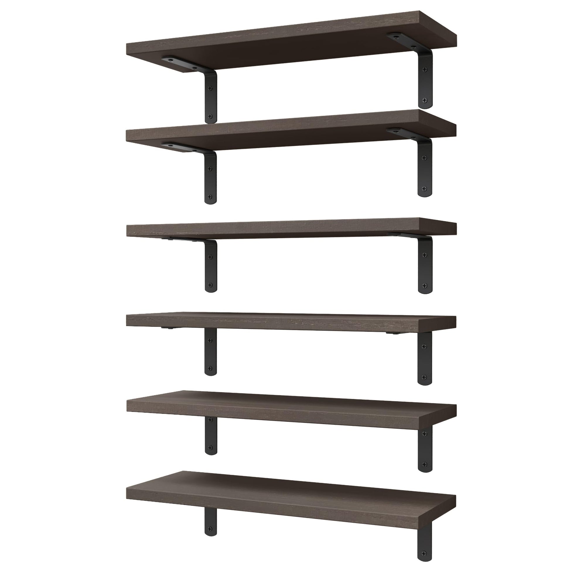 WOPITUES Wood Floating Shelves Set of 6, Shelves for Wall Decor, Farmhouse Shelf for Bedroom, Bathroom Storage Shelves, Book Shelves for Living Room-Black