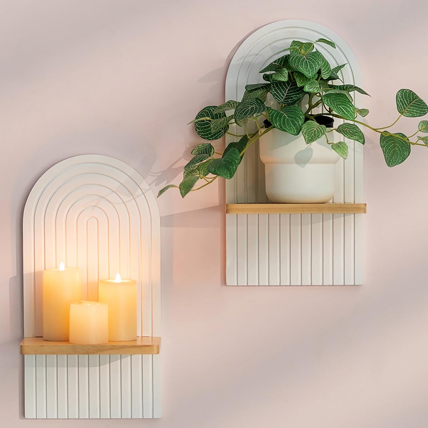Walasis Boho Wall Decor Set of Two - Natural Modern Minimalist Mid Century Wall Candle Holder for Living Room - Wood Bohemian Decor for Bathroom Nursery Bedroom