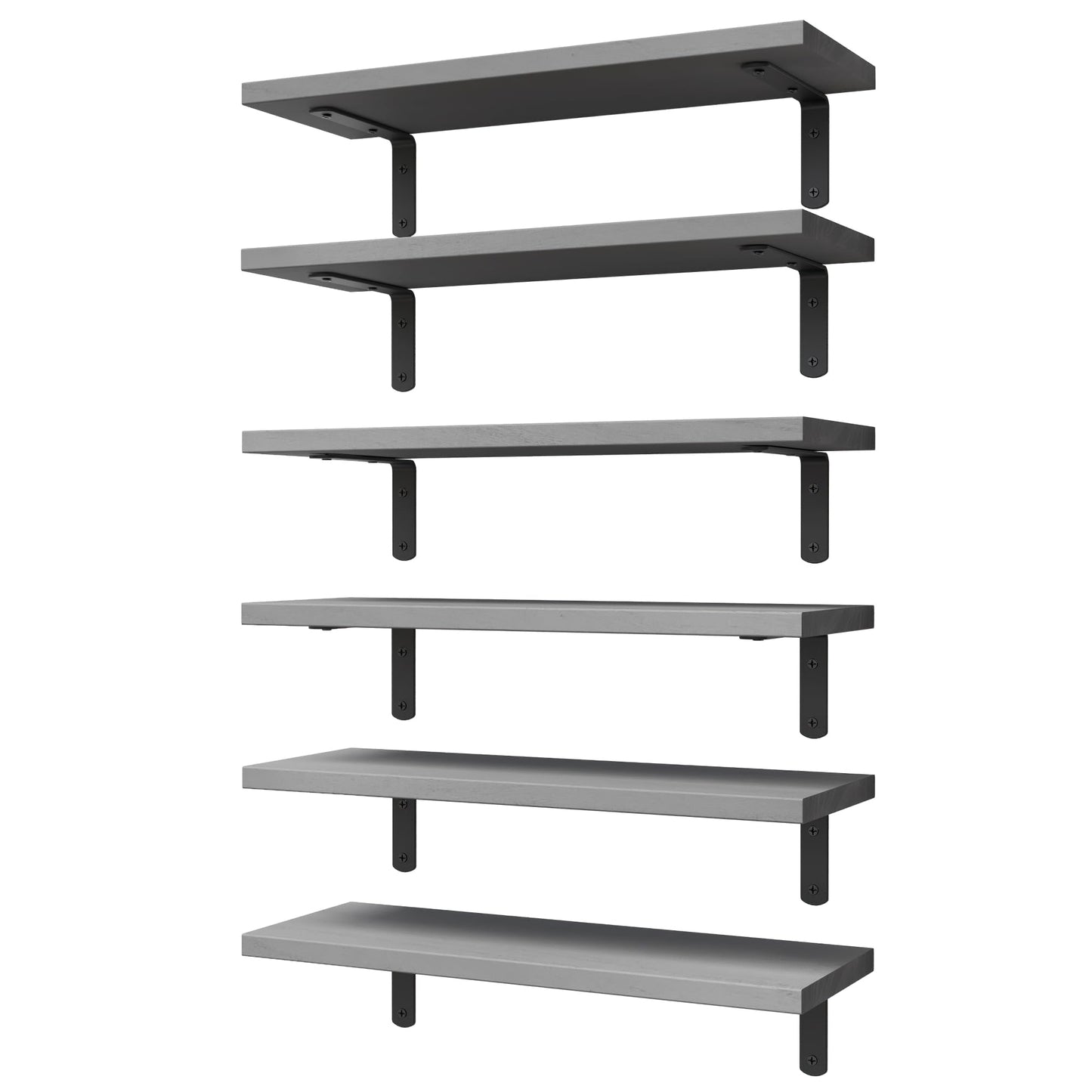 WOPITUES Wood Floating Shelves Set of 6, Shelves for Wall Decor, Farmhouse Shelf for Bedroom, Bathroom Storage Shelves, Book Shelves for Living Room-Black