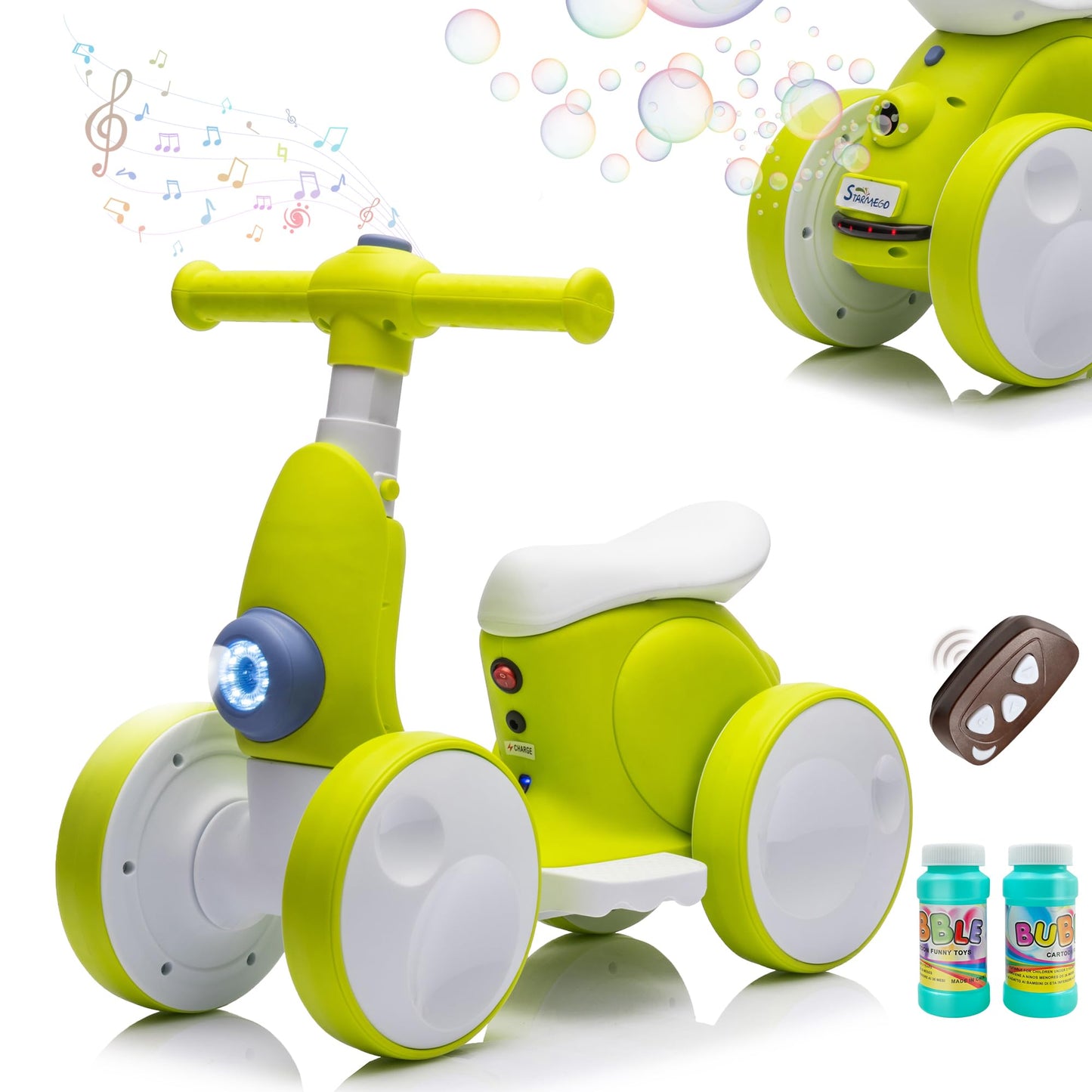 JoyRydz 6V Electric Baby Balance Bike with Bubble Machine,4 in 1 Toddler Balance Bike w/Remote Control for 1 Year Old Boys Girls Kids Bubble Bike Ride on Toys w/Powered Motor,Music,LED Lights (Blue)