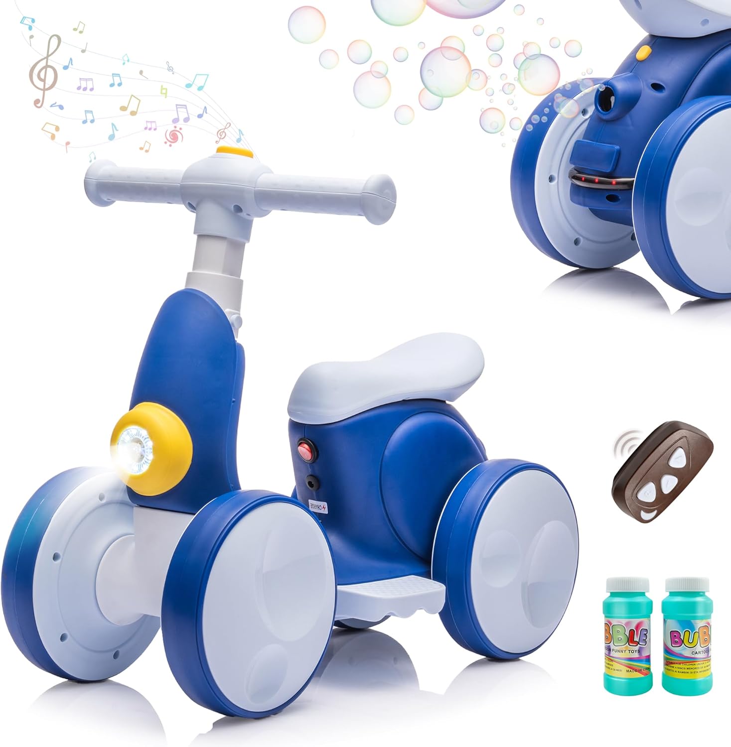 JoyRydz 6V Electric Baby Balance Bike with Bubble Machine,4 in 1 Toddler Balance Bike w/Remote Control for 1 Year Old Boys Girls Kids Bubble Bike Ride on Toys w/Powered Motor,Music,LED Lights (Blue)