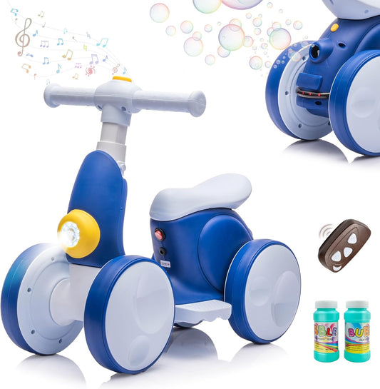 JoyRydz 6V Electric Baby Balance Bike with Bubble Machine,4 in 1 Toddler Balance Bike w/Remote Control for 1 Year Old Boys Girls Kids Bubble Bike Ride on Toys w/Powered Motor,Music,LED Lights (Blue)