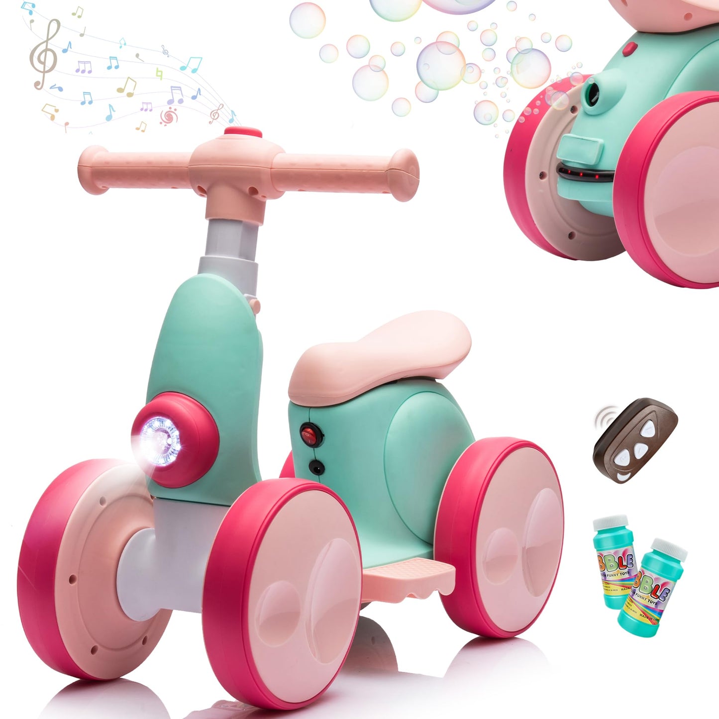 JoyRydz 6V Electric Baby Balance Bike with Bubble Machine,4 in 1 Toddler Balance Bike w/Remote Control for 1 Year Old Boys Girls Kids Bubble Bike Ride on Toys w/Powered Motor,Music,LED Lights (Blue)