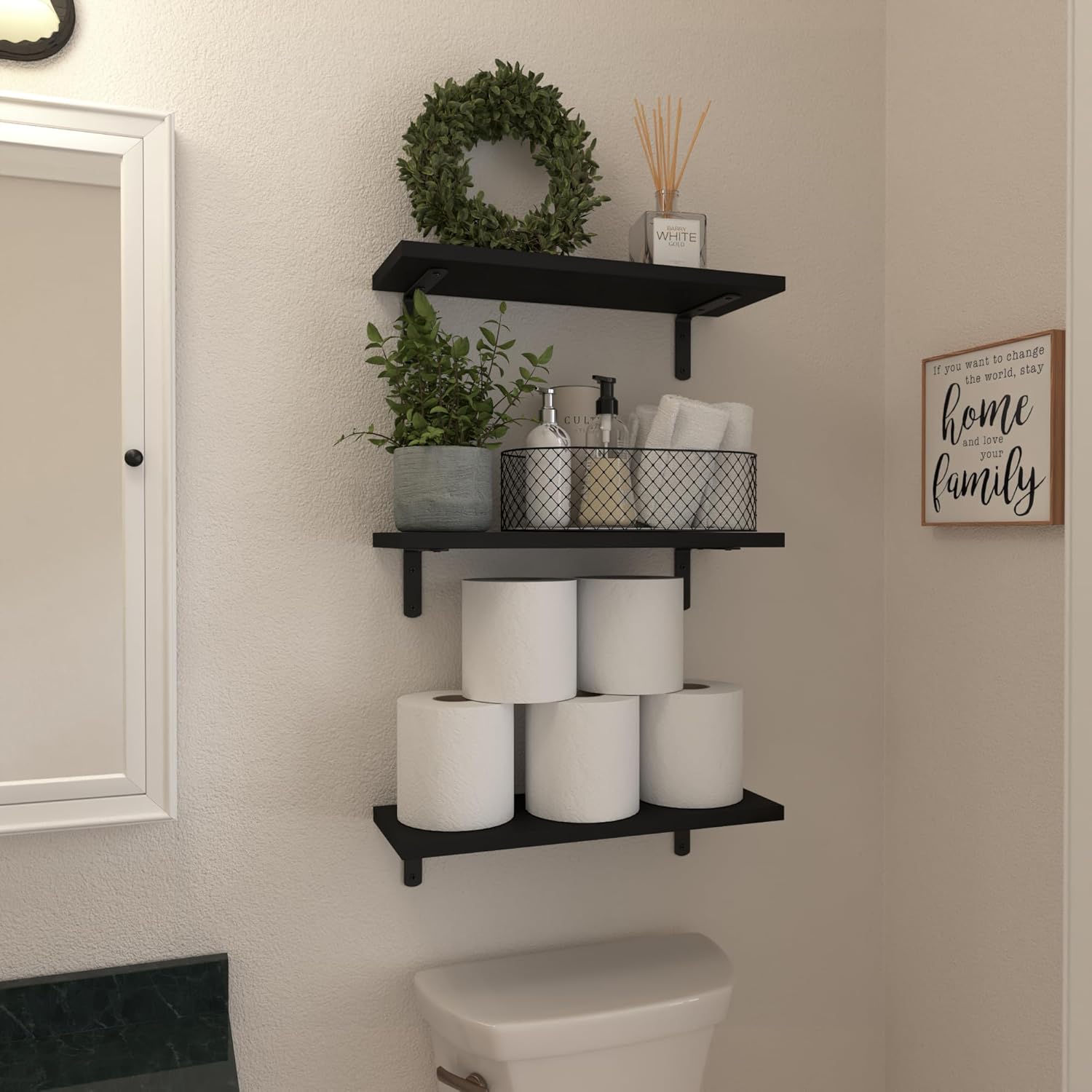 WOPITUES Wood Floating Shelves Set of 6, Shelves for Wall Decor, Farmhouse Shelf for Bedroom, Bathroom Storage Shelves, Book Shelves for Living Room-Black
