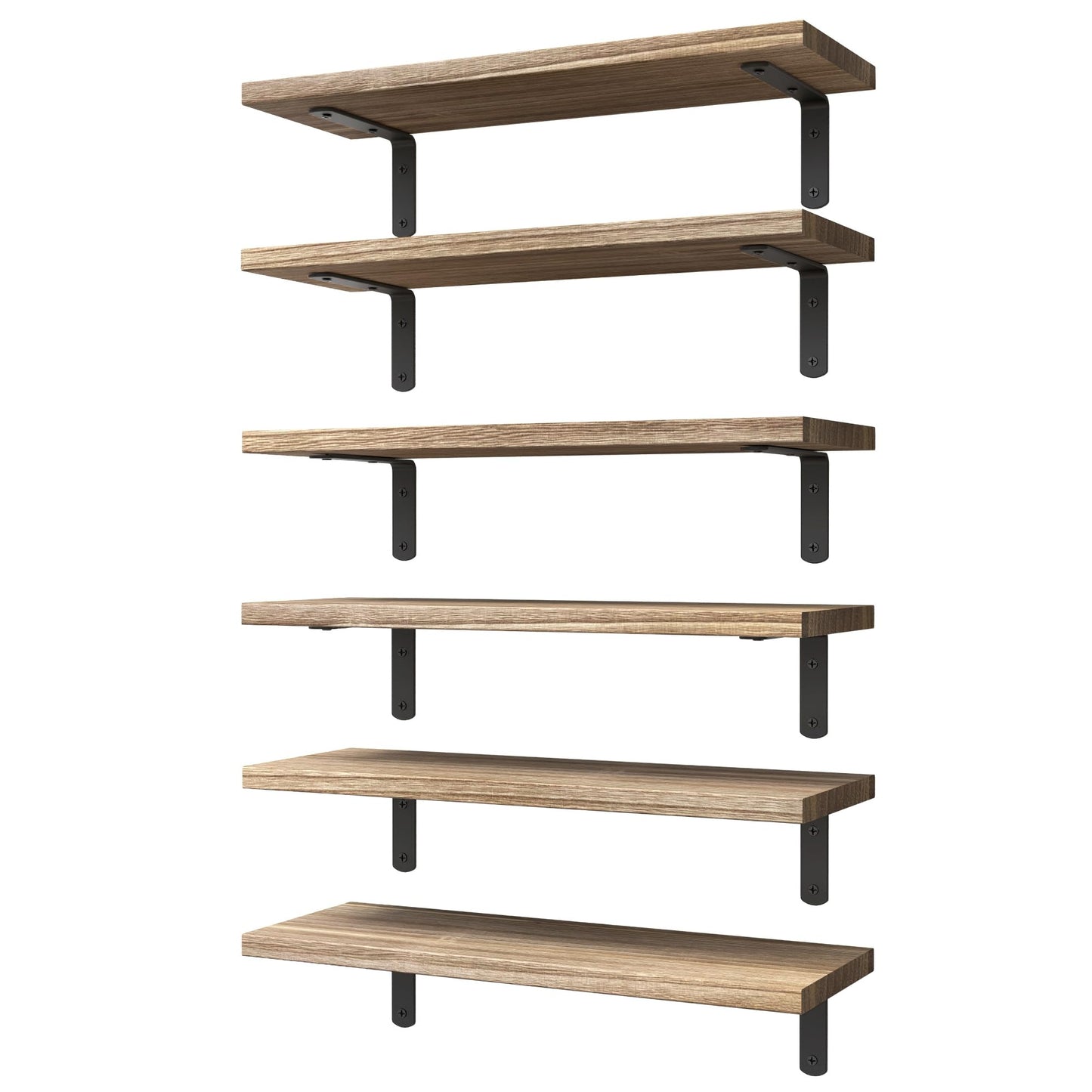 WOPITUES Wood Floating Shelves Set of 6, Shelves for Wall Decor, Farmhouse Shelf for Bedroom, Bathroom Storage Shelves, Book Shelves for Living Room-Black