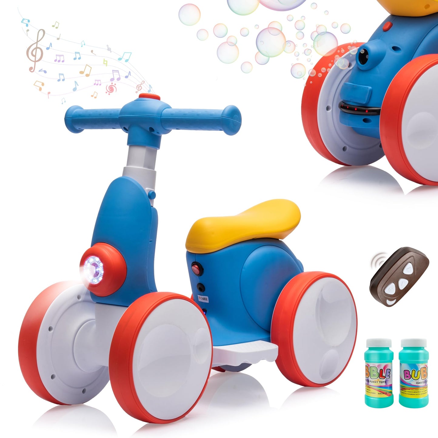 JoyRydz 6V Electric Baby Balance Bike with Bubble Machine,4 in 1 Toddler Balance Bike w/Remote Control for 1 Year Old Boys Girls Kids Bubble Bike Ride on Toys w/Powered Motor,Music,LED Lights (Blue)