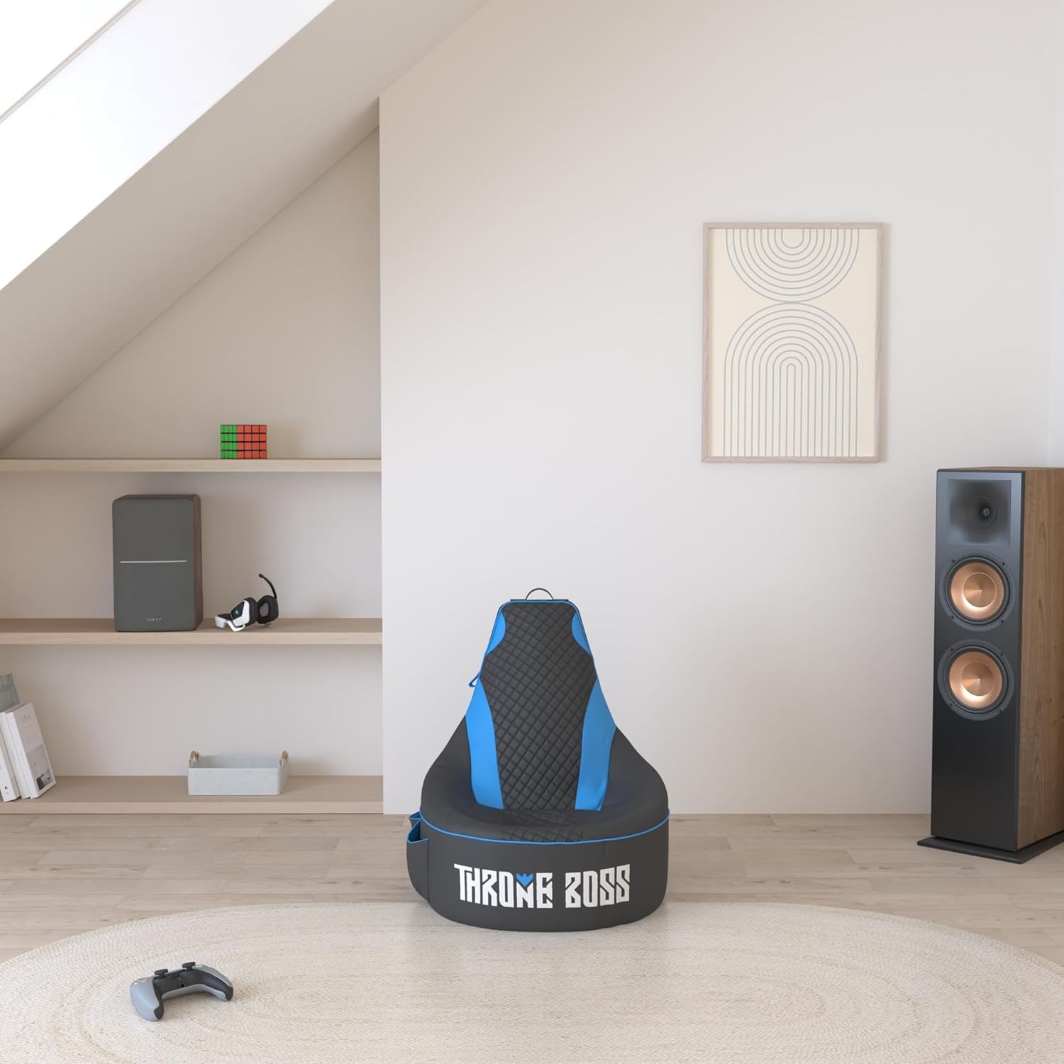 Throne Boss Gaming Bean Bag Chair Cover for Kids with High Back, Blue – Gamer Chair for Kids with 2 x Large Side Pockets, Headphone Hanger, Easy to Clean Fabric, Requires 200 Liters Polystyrene Beans