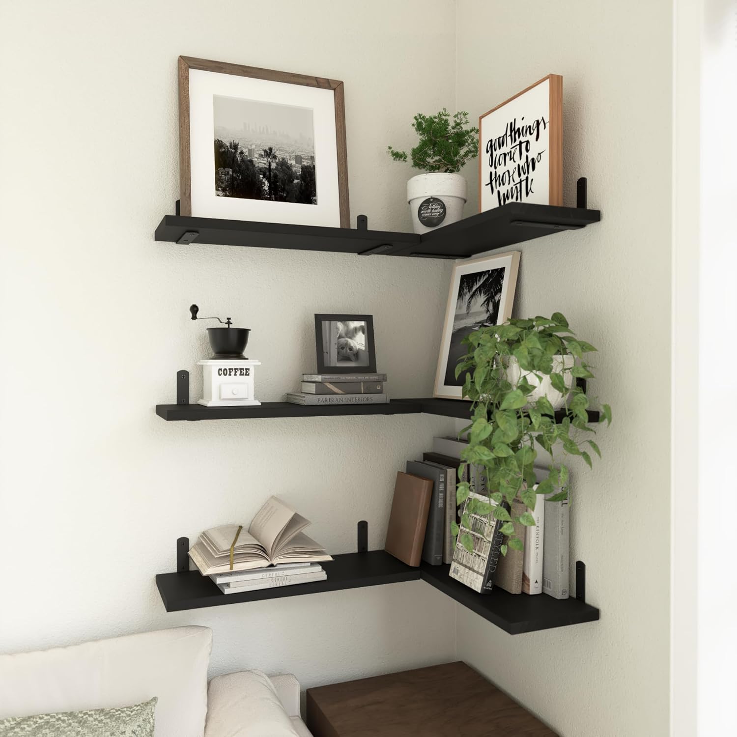 WOPITUES Wood Floating Shelves Set of 6, Shelves for Wall Decor, Farmhouse Shelf for Bedroom, Bathroom Storage Shelves, Book Shelves for Living Room-Black