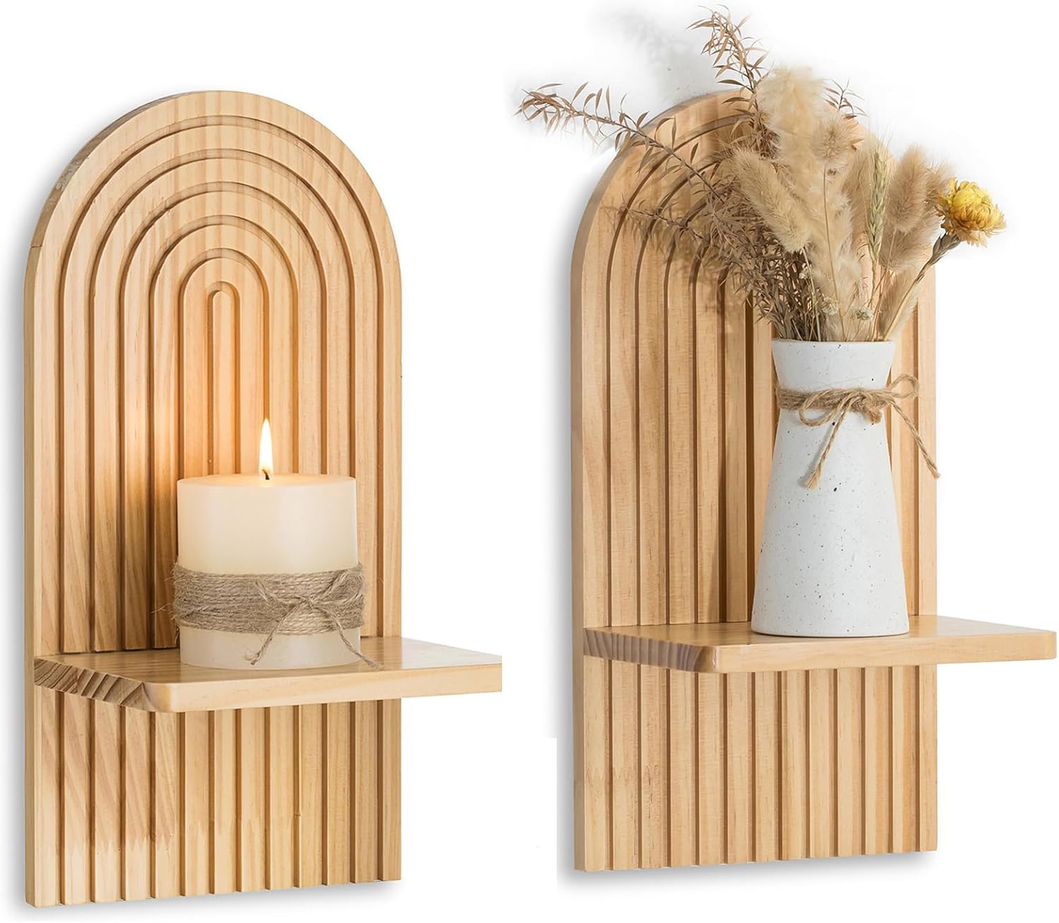 Walasis Boho Wall Decor Set of Two - Natural Modern Minimalist Mid Century Wall Candle Holder for Living Room - Wood Bohemian Decor for Bathroom Nursery Bedroom
