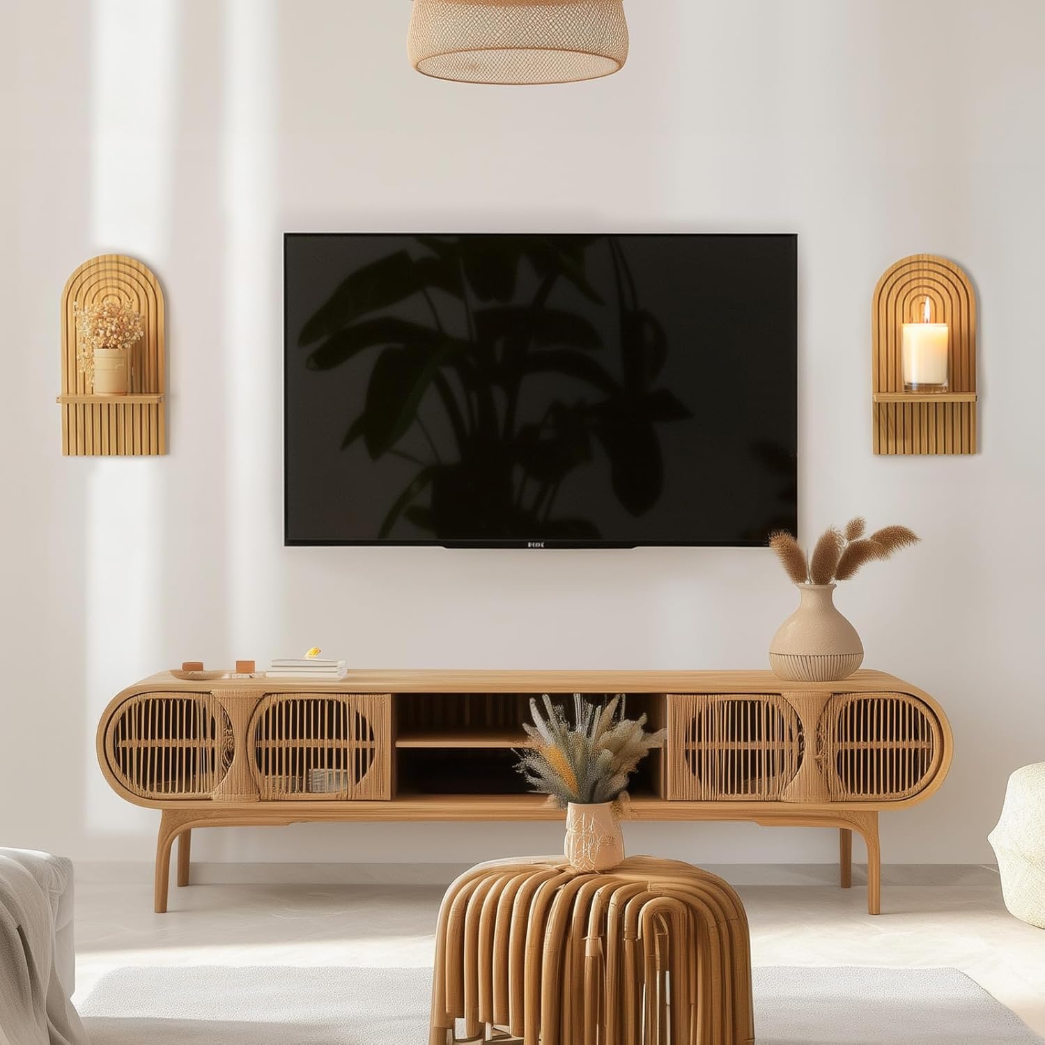 Walasis Boho Wall Decor Set of Two - Natural Modern Minimalist Mid Century Wall Candle Holder for Living Room - Wood Bohemian Decor for Bathroom Nursery Bedroom
