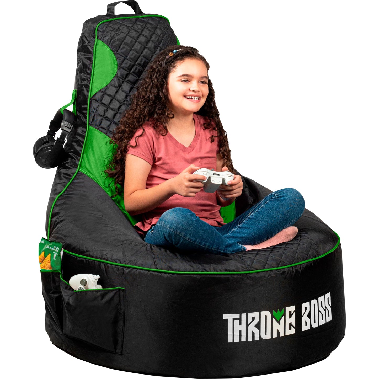 Throne Boss Gaming Bean Bag Chair Cover for Kids with High Back, Blue – Gamer Chair for Kids with 2 x Large Side Pockets, Headphone Hanger, Easy to Clean Fabric, Requires 200 Liters Polystyrene Beans