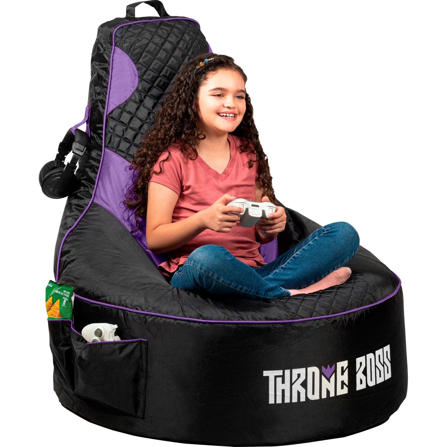 Throne Boss Gaming Bean Bag Chair Cover for Kids with High Back, Blue – Gamer Chair for Kids with 2 x Large Side Pockets, Headphone Hanger, Easy to Clean Fabric, Requires 200 Liters Polystyrene Beans