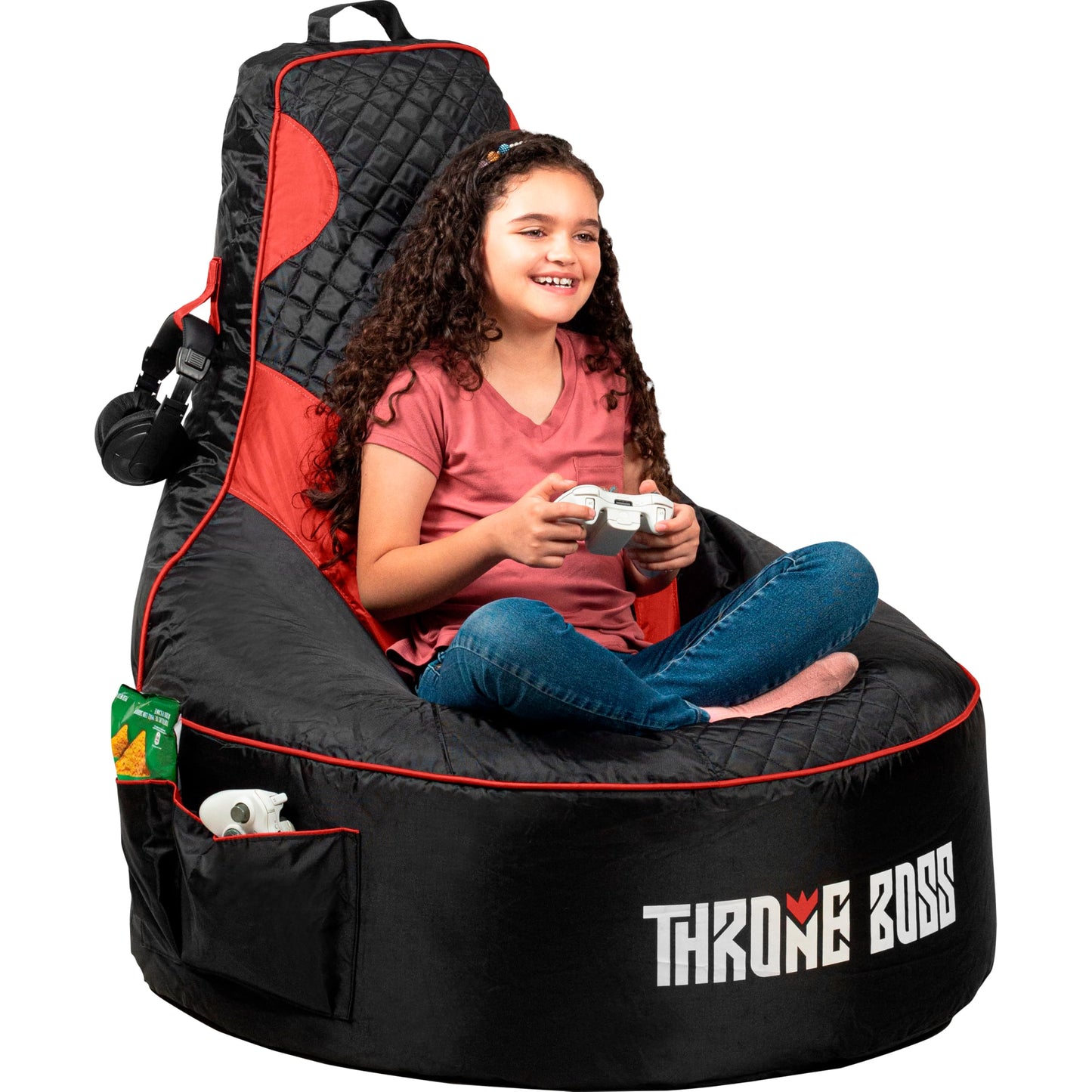 Throne Boss Gaming Bean Bag Chair Cover for Kids with High Back, Blue – Gamer Chair for Kids with 2 x Large Side Pockets, Headphone Hanger, Easy to Clean Fabric, Requires 200 Liters Polystyrene Beans