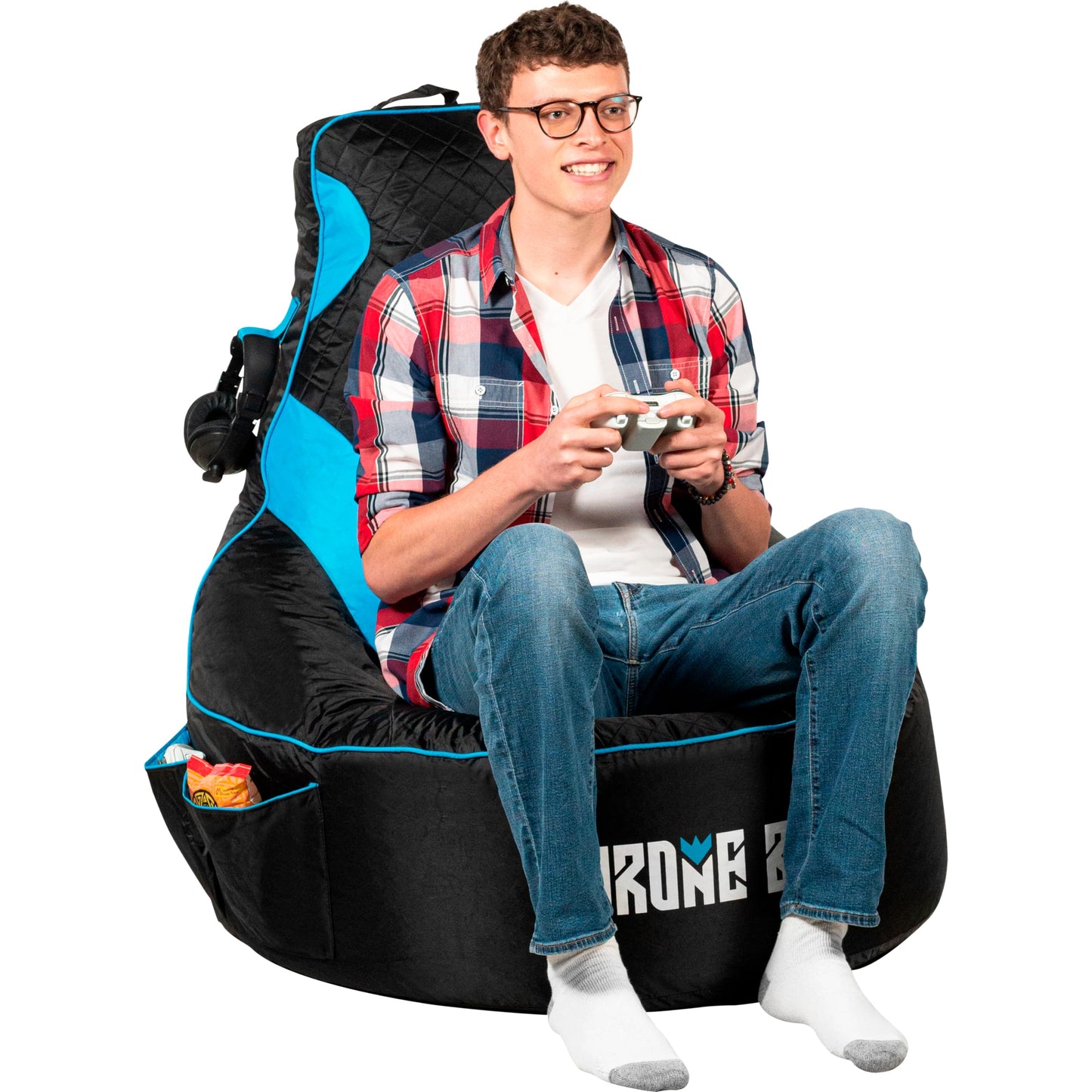 Throne Boss Gaming Bean Bag Chair Cover for Kids with High Back, Blue – Gamer Chair for Kids with 2 x Large Side Pockets, Headphone Hanger, Easy to Clean Fabric, Requires 200 Liters Polystyrene Beans