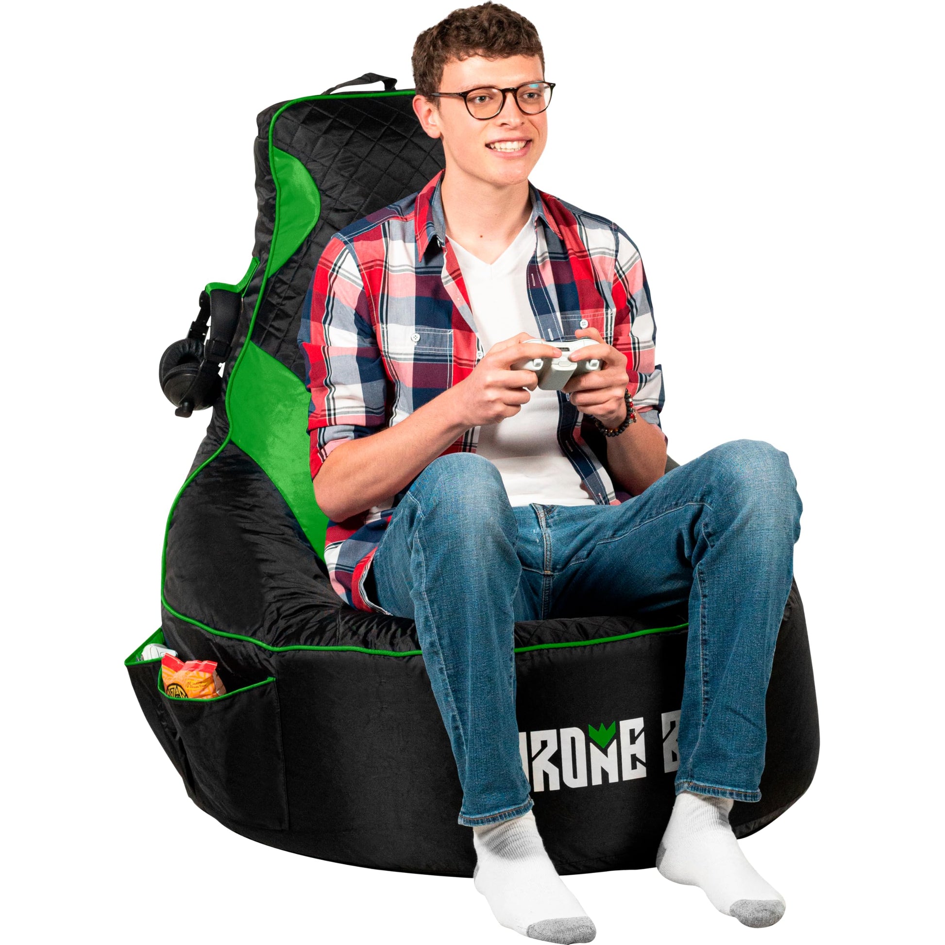 Throne Boss Gaming Bean Bag Chair Cover for Kids with High Back, Blue – Gamer Chair for Kids with 2 x Large Side Pockets, Headphone Hanger, Easy to Clean Fabric, Requires 200 Liters Polystyrene Beans
