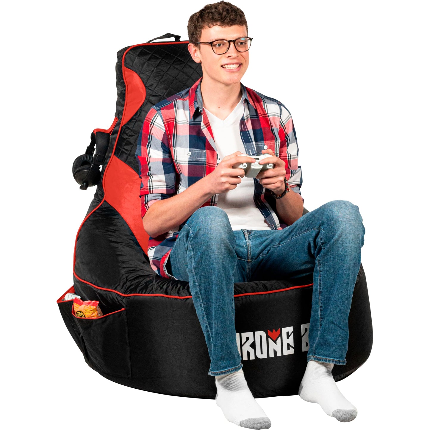 Throne Boss Gaming Bean Bag Chair Cover for Kids with High Back, Blue – Gamer Chair for Kids with 2 x Large Side Pockets, Headphone Hanger, Easy to Clean Fabric, Requires 200 Liters Polystyrene Beans